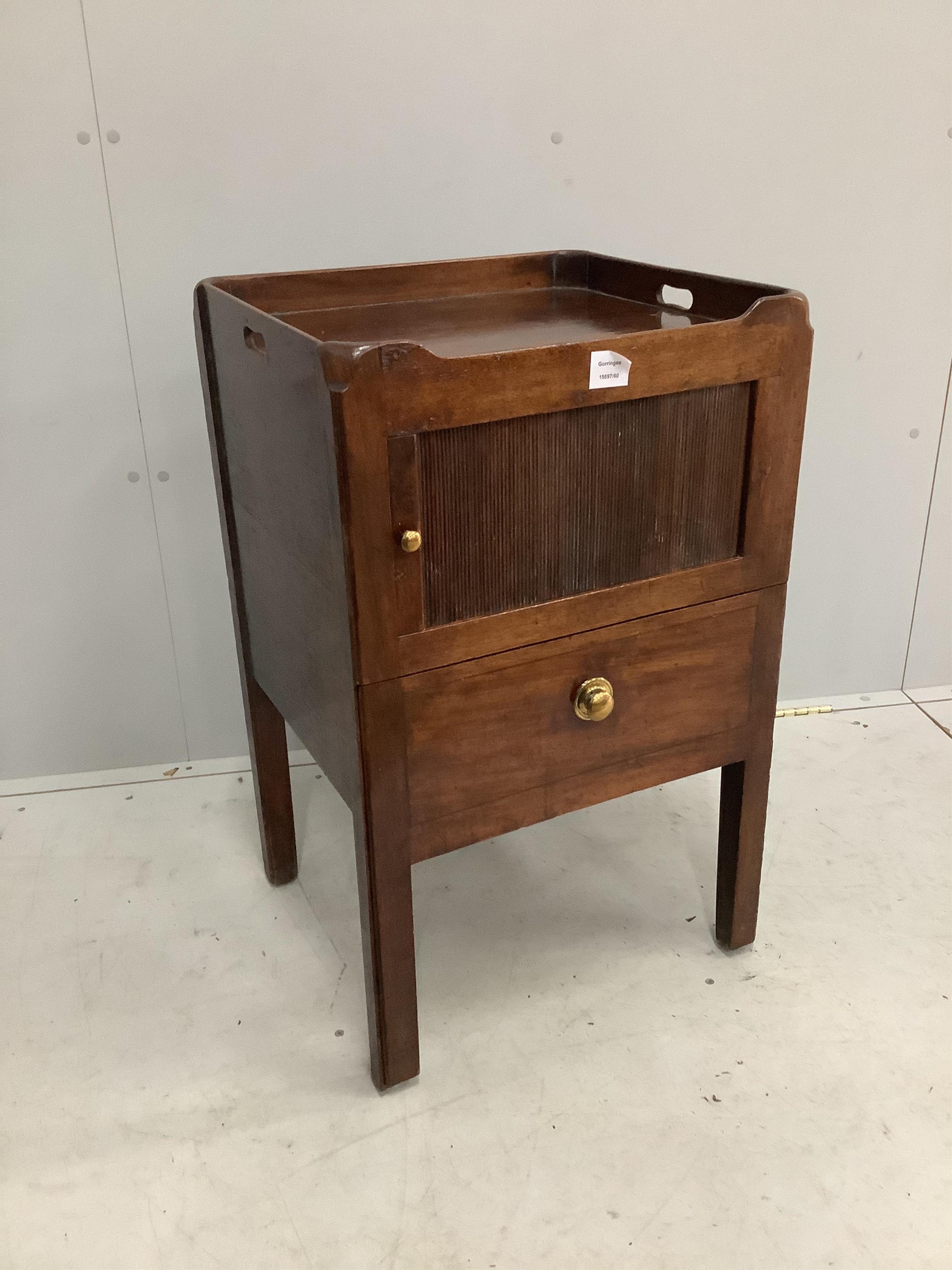 A George III mahogany tray top tambour bedside cabinet, width 49cm, depth 44cm, height 78cm. Condition - fair